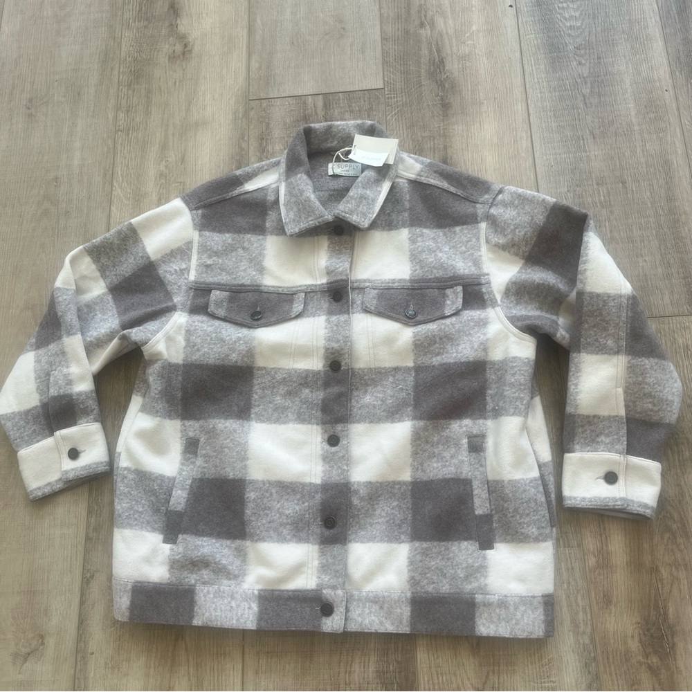 NWT Z Supply PRESTON KNIT plaid Jacket Coat Size L 48” Slate Grey Winter White